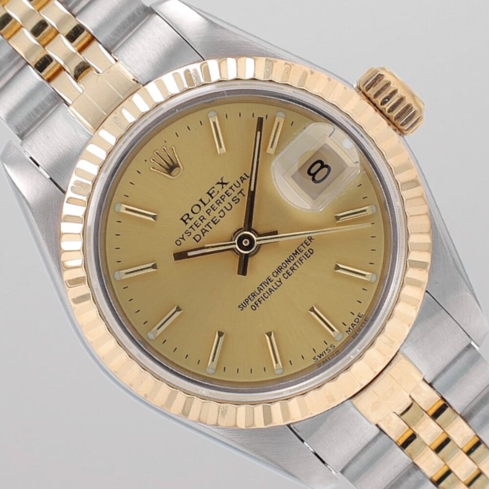 Rolex Ladies Datejust Two Tone Champagne Dial Fluted Jubilee 26mm Watch 69173